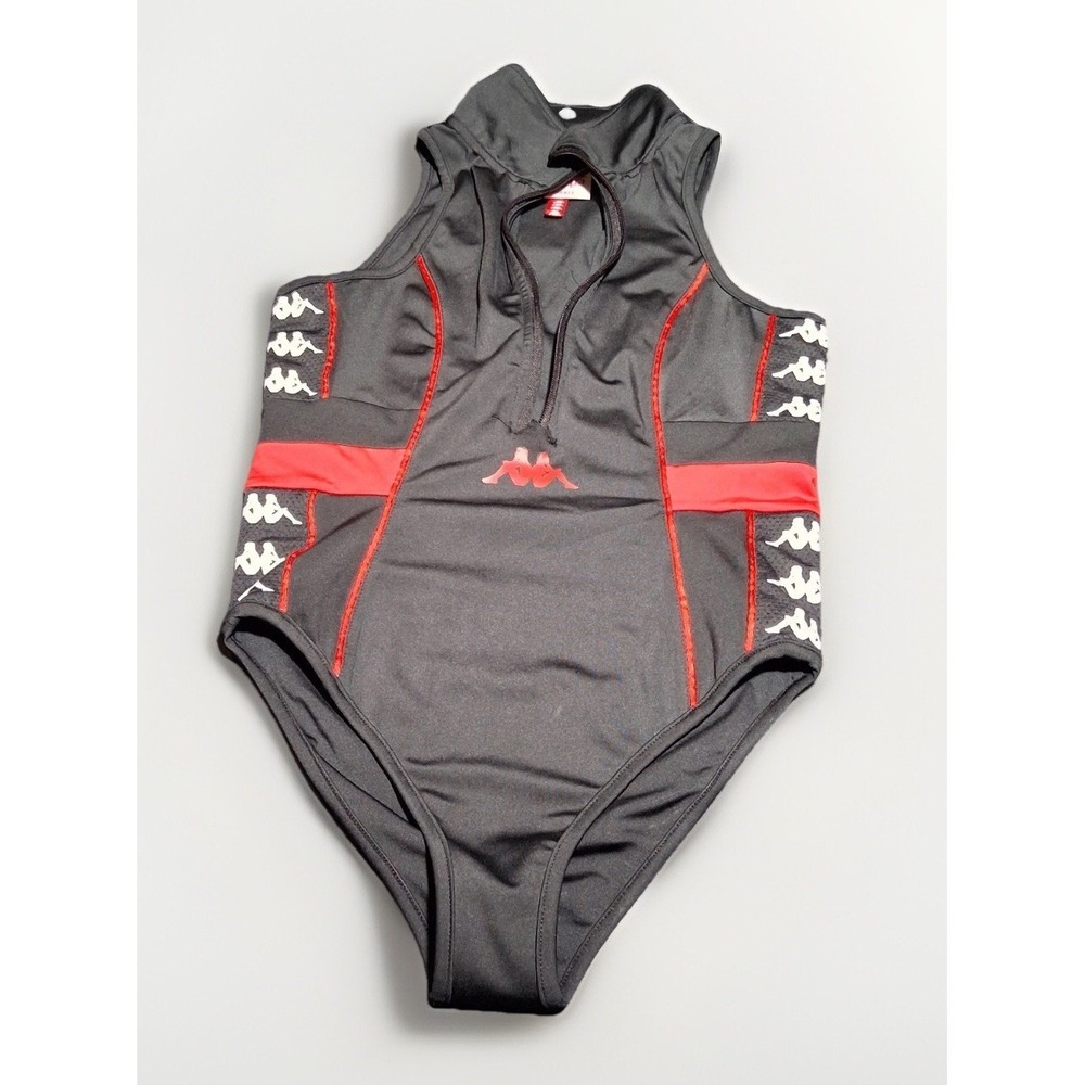 Kappa Womens Bodysuit Small Black Red Zip High Neck Logo Tape Sleeveless Omini